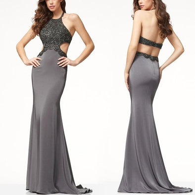 Sleeveless Gray Maxi Round-Neck High Waist Evening Dresses