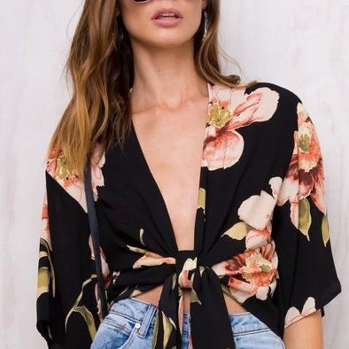 Chiffon Short sleeve Bell sleeve Print Mini V neck Bowknot Blouses