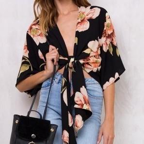 Chiffon Short sleeve Bell sleeve Print Mini V neck Bowknot Blouses