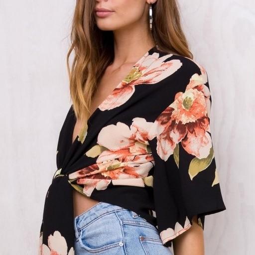 Chiffon Short sleeve Bell sleeve Print Mini V neck Bowknot Blouses