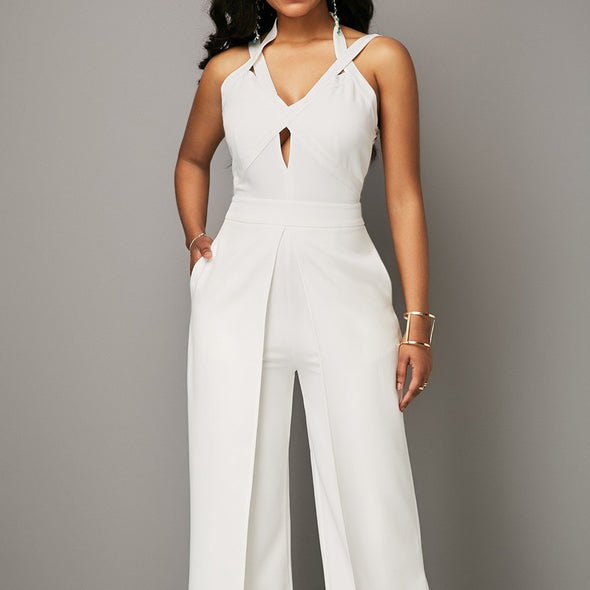 Cross Front Sleeveless Solid Color V- neck Openwork Jumpsuits