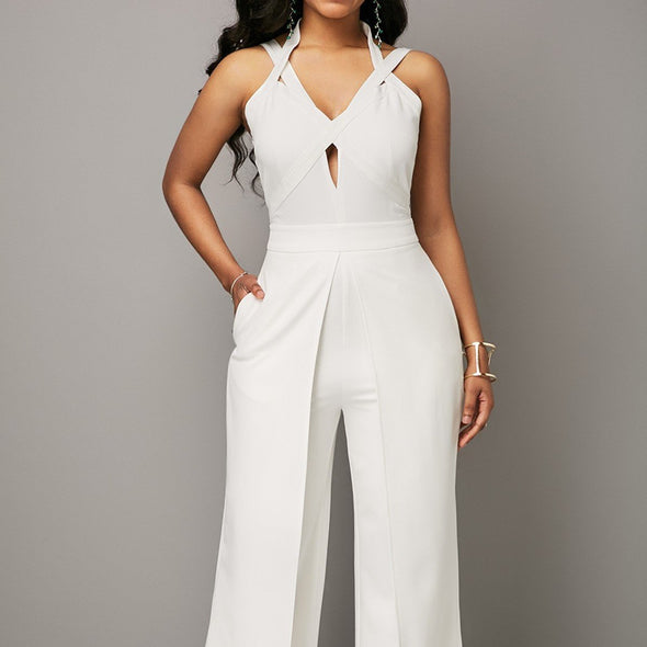 Cross Front Sleeveless Solid Color V- neck Openwork Jumpsuits