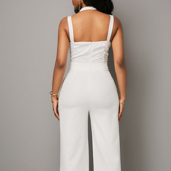 Cross Front Sleeveless Solid Color V- neck Openwork Jumpsuits