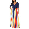 3/4 sleeve Stripe Maxi V neck Bandage High waist Maxi Dresses