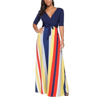 3/4 sleeve Stripe Maxi V neck Bandage High waist Maxi Dresses