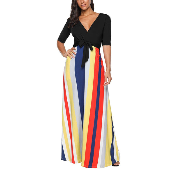 3/4 sleeve Stripe Maxi V neck Bandage High waist Maxi Dresses