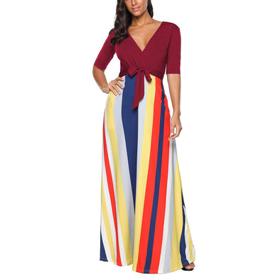 3/4 sleeve Stripe Maxi V neck Bandage High waist Maxi Dresses