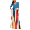 3/4 sleeve Stripe Maxi V neck Bandage High waist Maxi Dresses