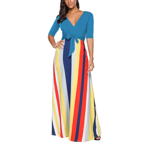 3/4 sleeve Stripe Maxi V neck Bandage High waist Maxi Dresses