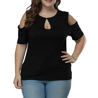 Casual Short sleeve Cold shoulder Solid Color Round neck Plus size Tops