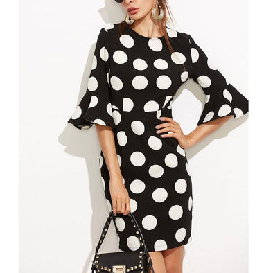 3/4 Sleeve Bell Sleeve Dots Mini Round Neck Bodycon Dresses