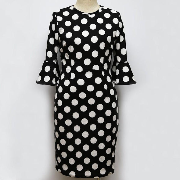 3/4 Sleeve Bell Sleeve Dots Mini Round Neck Bodycon Dresses