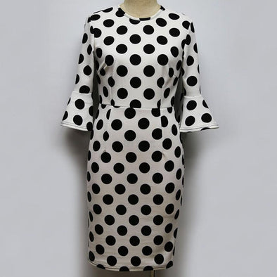 3/4 Sleeve Bell Sleeve Dots Mini Round Neck Bodycon Dresses