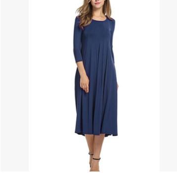 3/4 Sleeve Maxi Round Neck Elastic Waist Vacation Dresses