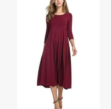 3/4 Sleeve Maxi Round Neck Elastic Waist Vacation Dresses