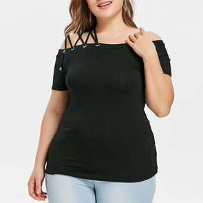 Casusl Short sleeve Solid Color Off shoulder Plus size Tops