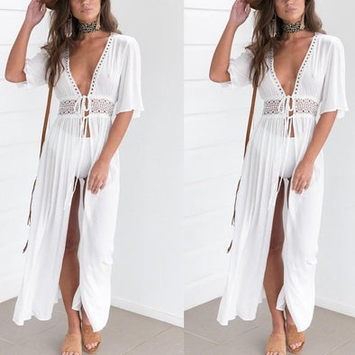 Chiffon Short sleeve Maxi V neck Bandage  Vacation Dresses