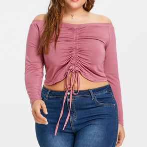 Casusl Long sleeve Solid Color Off shoulder Plus size Tops