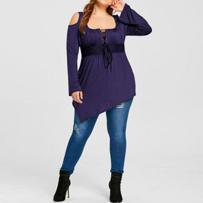 Casual Long sleeve Cold shoulder Solid Color Square collar Pachwork Plus size Tops