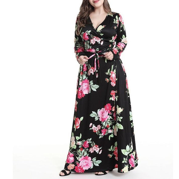 Casual Long sleeve Print V neck Plus size maxi Dresses