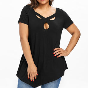 Casual Short sleeve Solid Color V neck Openwork Plus size Tops