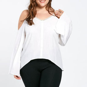 Casual Cold shoulder Solid Color V neck Plus size Tops