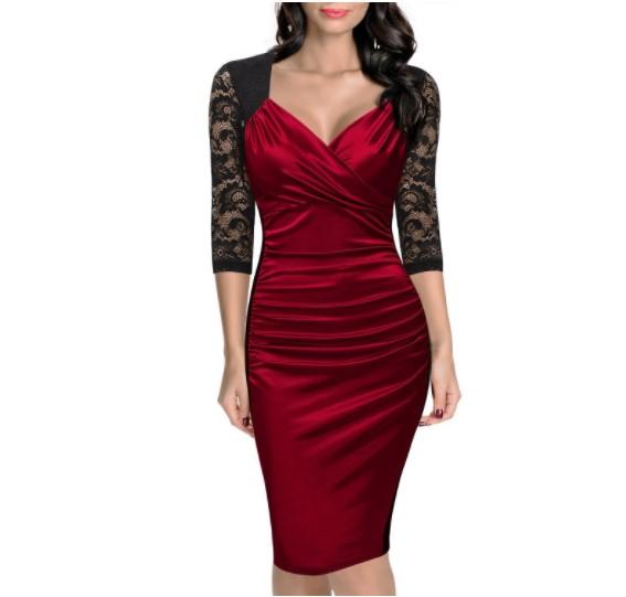 3/4 Sleeve Hit Color Mini V-neck High Waist Bodycon Dresses