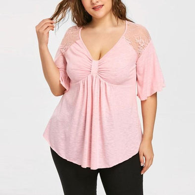 Casual Short sleeve Solid Color V neck Pachwork Plus size Tops