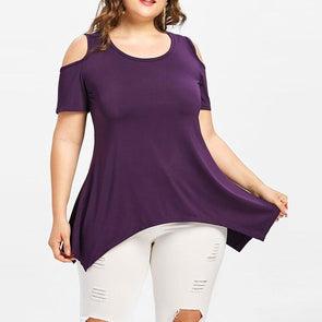 Casual Short sleeve Cold shoulder Solid Color Round neck Plus size Tops