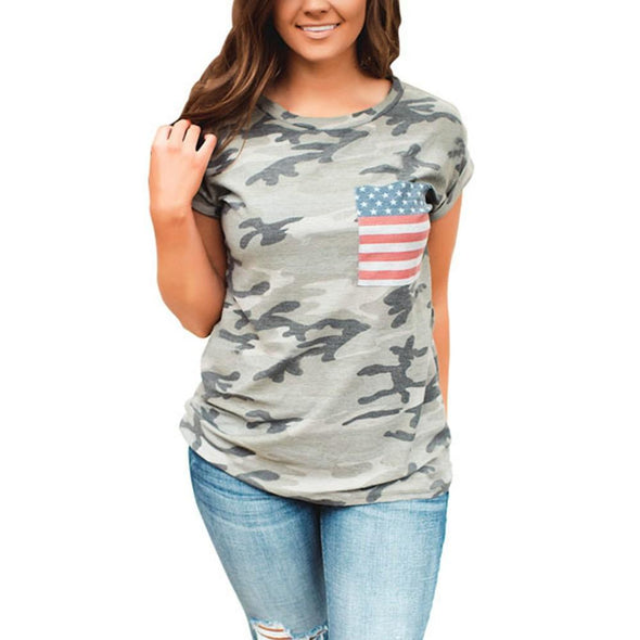 Cotton Short sleeve Camouflage Round neck T-shirt