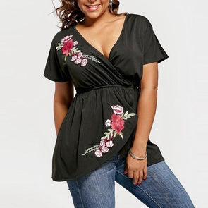 Casual Short sleeve Print V neck Embroidery Plus size Tops