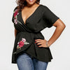 Casual Short sleeve Print V neck Embroidery Plus size Tops