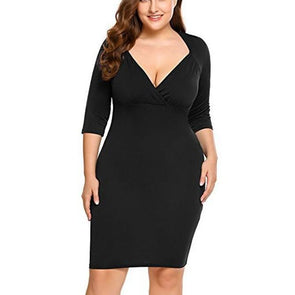 3/4 sleeve Solid Color V neck Plus size casual Dresses