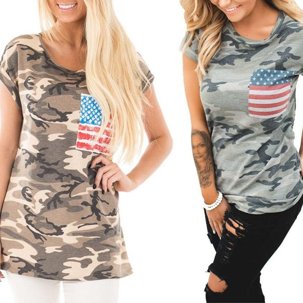 Cotton Short sleeve Camouflage Round neck T-shirt