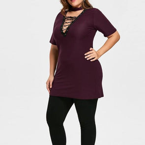 Casual Short sleeve Solid Color V neck Openwork Plus size Tops