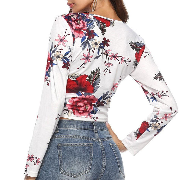 Casual Long sleeve Print Mini V neck T-shirt