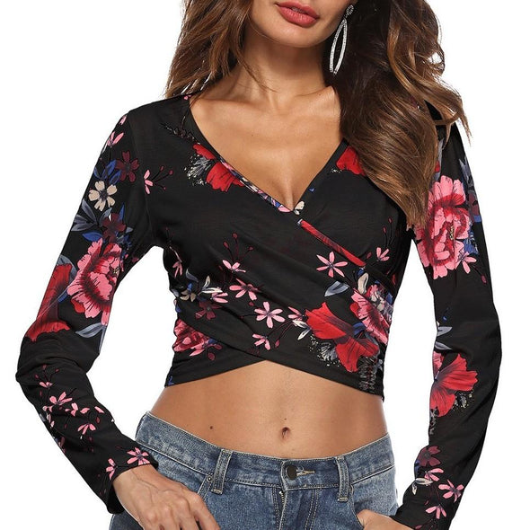 Casual Long sleeve Print Mini V neck T-shirt