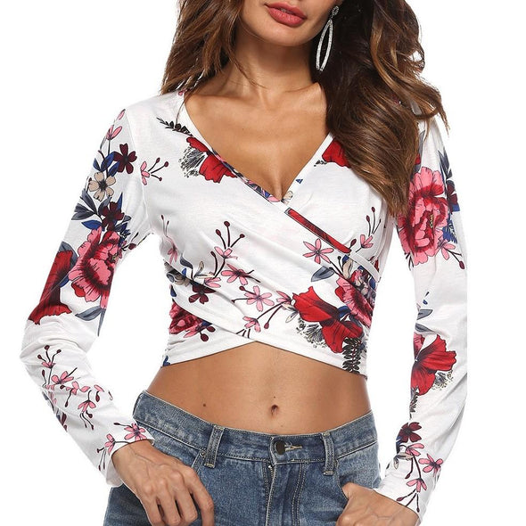 Casual Long sleeve Print Mini V neck T-shirt