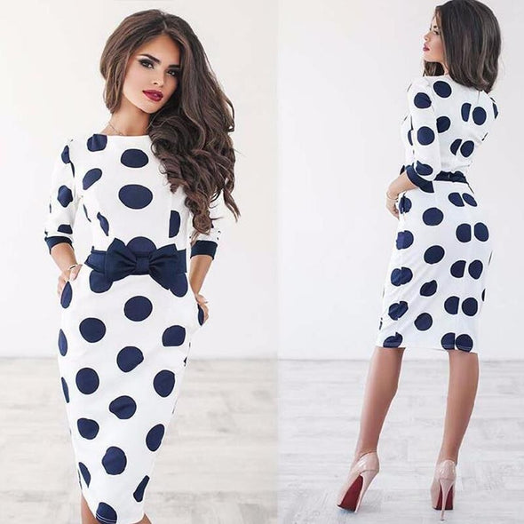 3/4 Sleeve Dots Round Neck Split Bowknot Bodycon Dresses