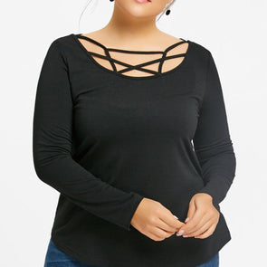 Casual Long sleeve Solid Color Round neck Plus size Tops