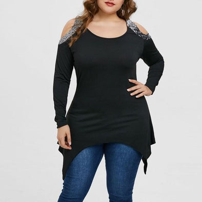 Casual Long sleeve Cold shoulder Solid Color Round neck Plus size Tops