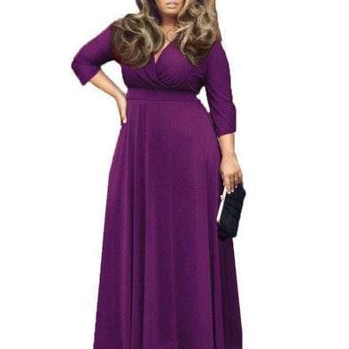 Casual 3/4 sleeve Solid Color V neck Maxi Plus size bodycon Dresses