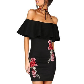 Cap Sleeve Print Mini Off Shoulder Embroidery Bodycon Dresses