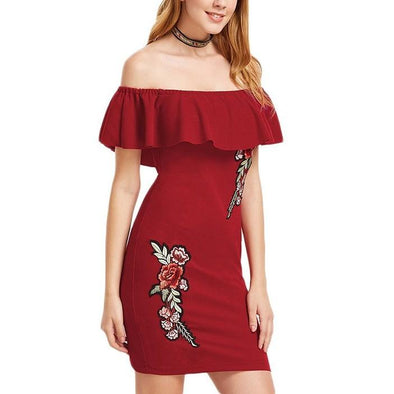 Cap Sleeve Print Mini Off Shoulder Embroidery Bodycon Dresses