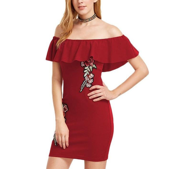 Cap Sleeve Print Mini Off Shoulder Embroidery Bodycon Dresses