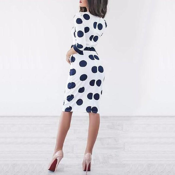 3/4 Sleeve Dots Round Neck Split Bowknot Bodycon Dresses