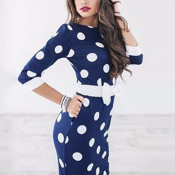 3/4 Sleeve Dots Round Neck Split Bowknot Bodycon Dresses