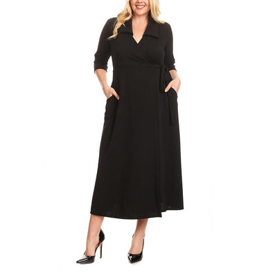 Casual 3/4 sleeve Solid Color V neck Plus size maxi Dresses