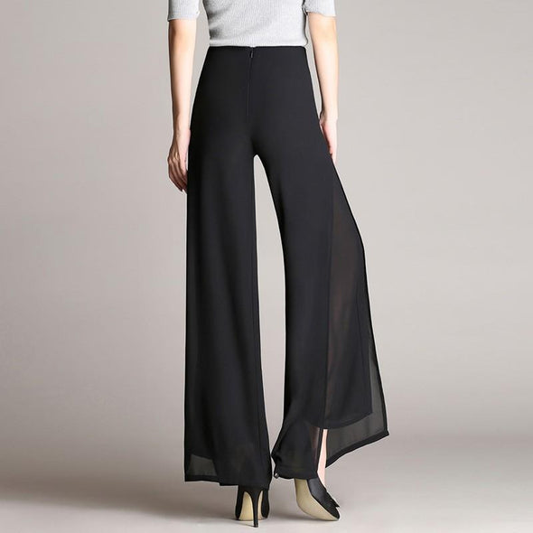 Chiffon Solid Color Split High waist Black Loose Pants