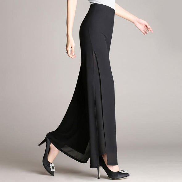 Chiffon Solid Color Split High waist Black Loose Pants